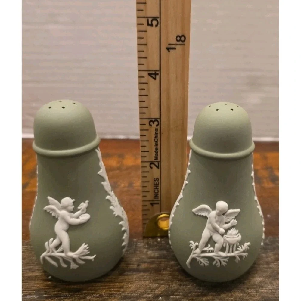 Vintage Wedgwood Jasperware Sage Green Salt & Pepper Shaker Set Cherub England